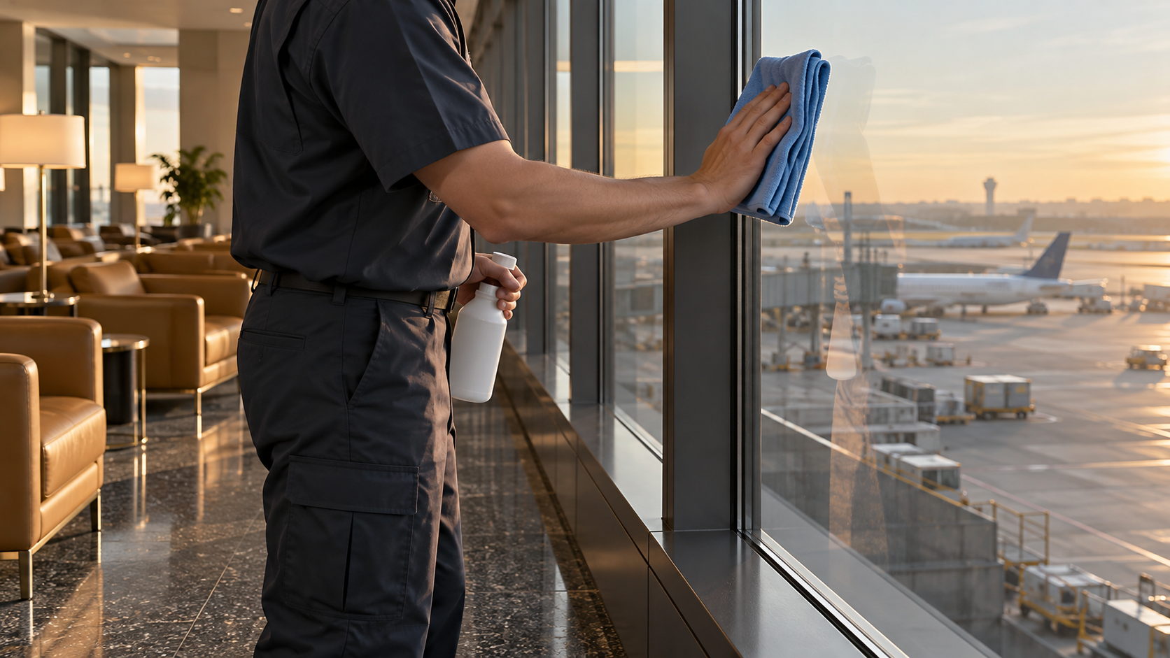 Custodian maintaining commercial window tint with a soft microfiber cloth in an airport lounge