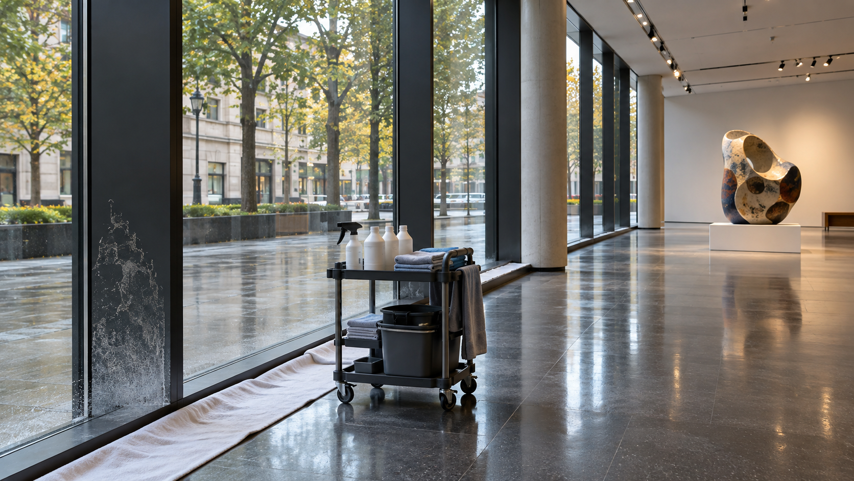 Removing window film adhesive residue from an art gallery facade