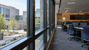 Institutional window glazing illustrating the setting for blast-resistant window film applications