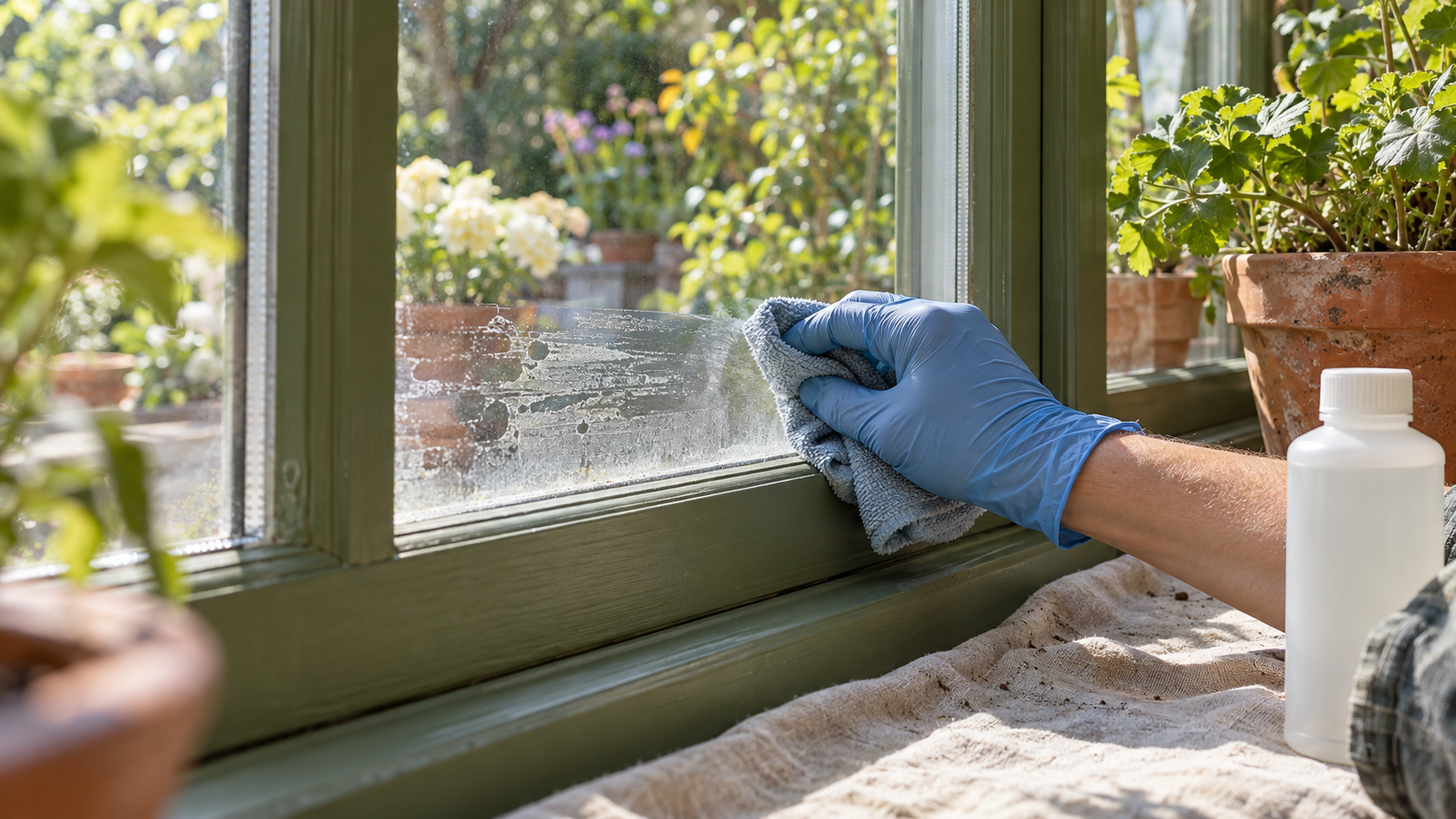 Gloved hand wiping window film adhesive residue with a microfiber clot