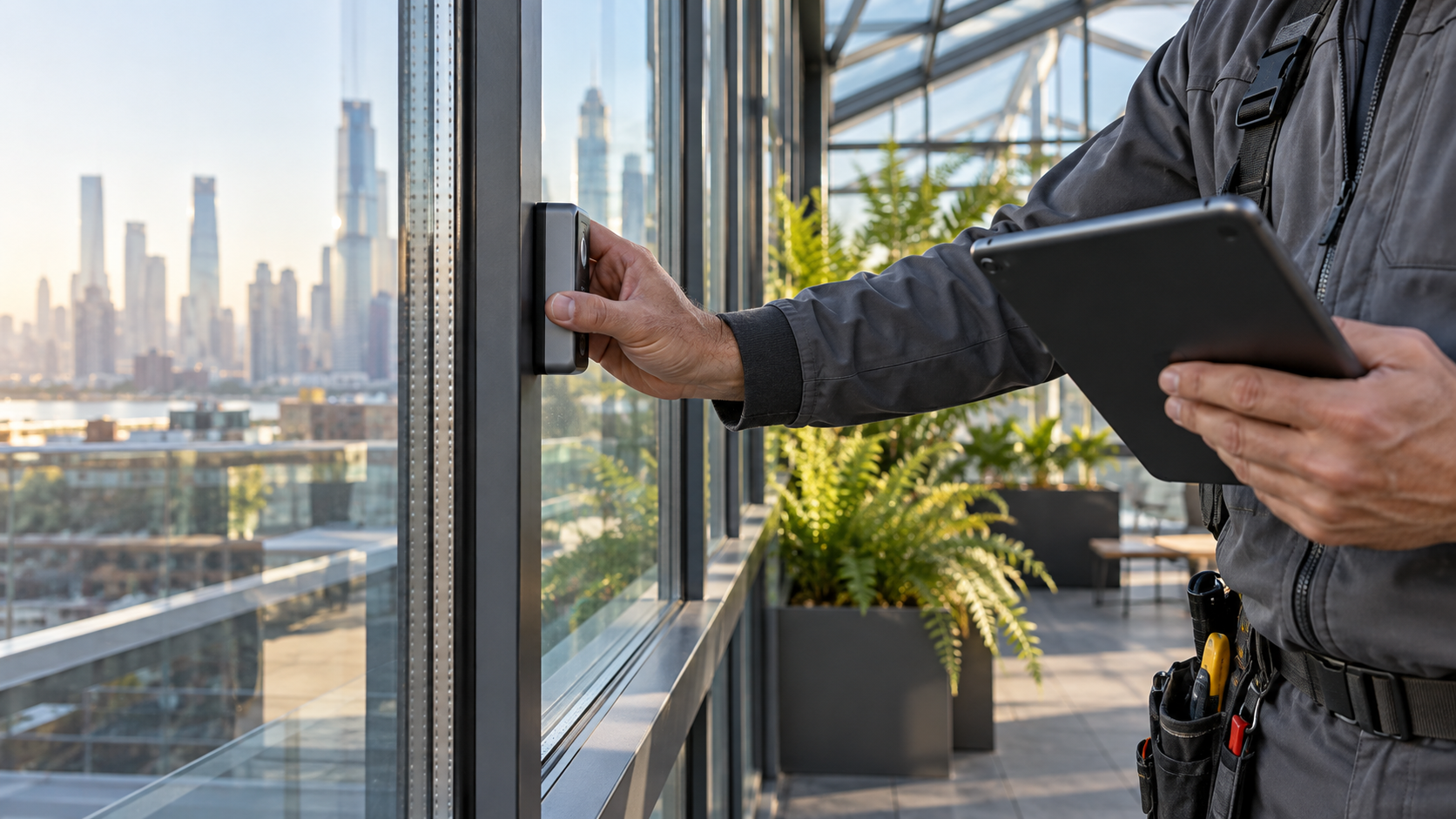Inspecting Low-E coated glass in a rooftop atrium
