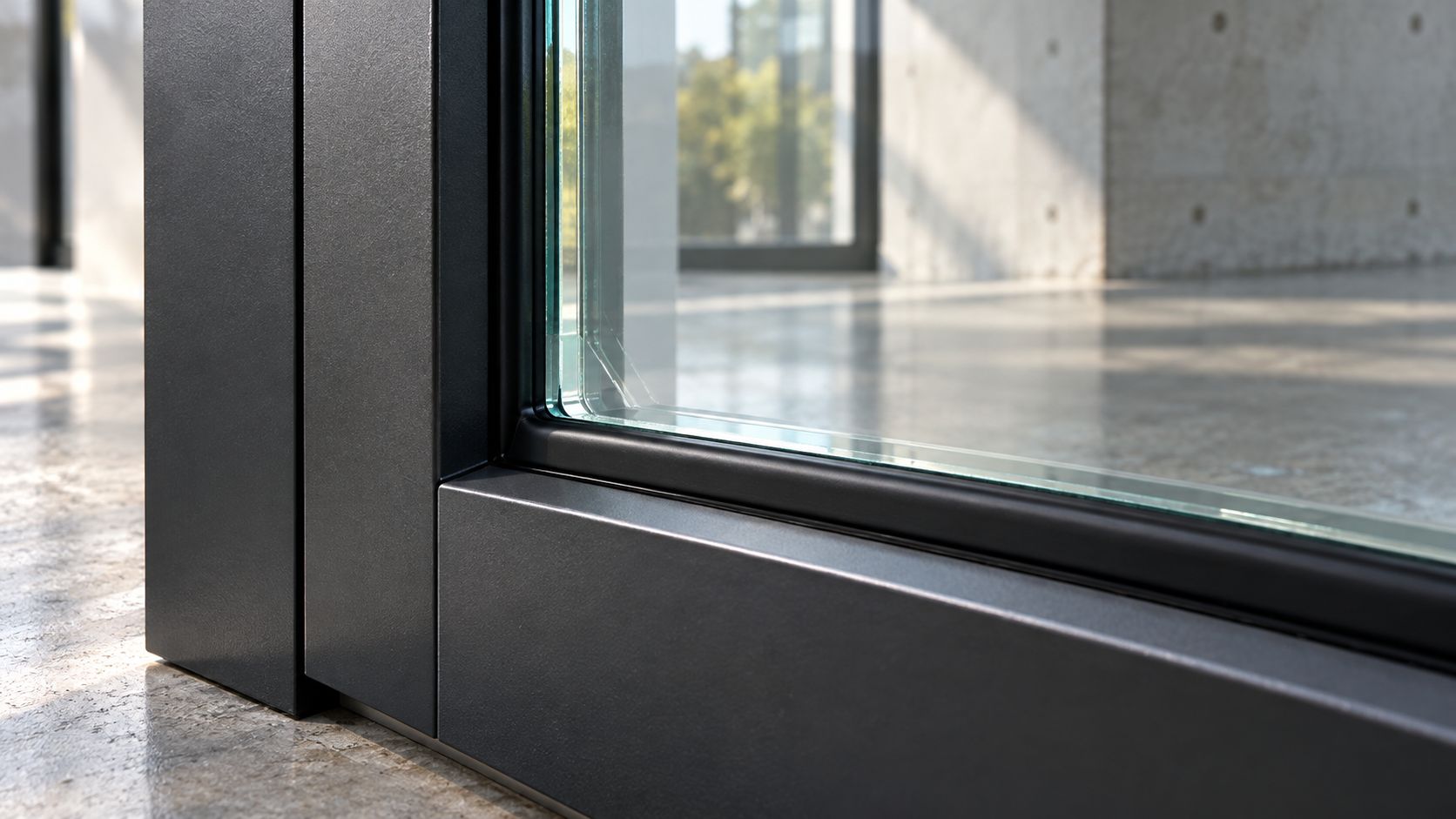 Corner detail of a window glazing assembly showing film anchored to the frame